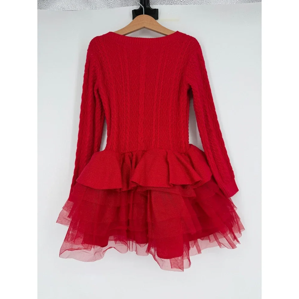 American Girl Red Crimson Sparkle Sweater Dress Sz 6 Cable Knit Tulle Skirt